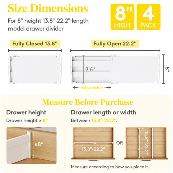 Norcho 8" Tall Drawer Dividers 4 Pack, Expandable 13.8–22.2 Inch Adjustable Drawer Organizers for Clothes, Dresser, Closet, Bathroom and Kitchen Storage Separation