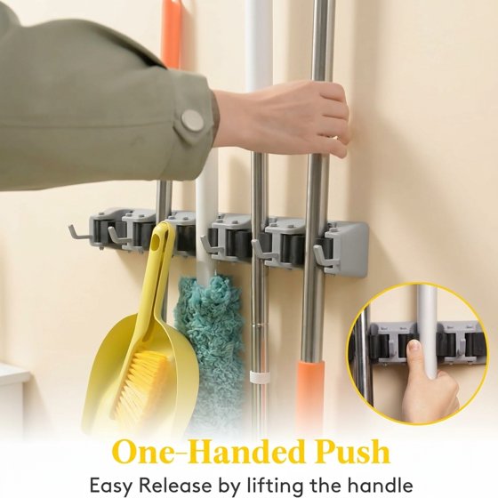 Norcho Wall Mount Mop Broom Holder, Anti-Slip Hanger 5 Slots 6 Hooks Holds 30lbs, Garage Closet Kitchen, Gray 2 Pack