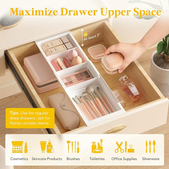 Norcho Sliding Makeup Drawer Organizer, Fits 13-20" Deep, Extendable Hanging Divider 1.8" High Tray Vanity Office Kitchen White 2Pcs