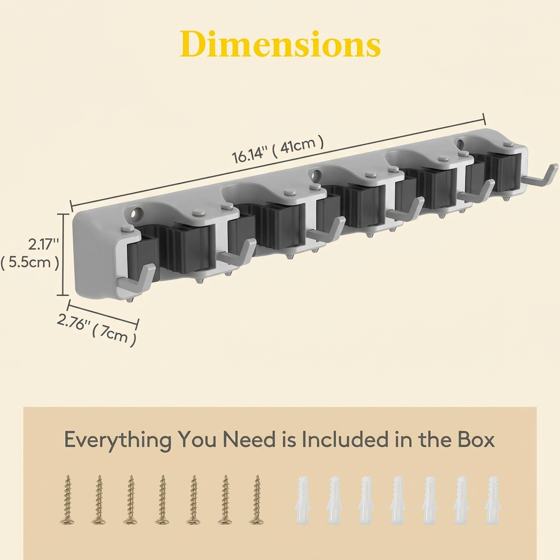 Norcho Wall Mount Mop Broom Holder, Anti-Slip Hanger 5 Slots 6 Hooks Holds 30lbs, Garage Closet Kitchen, Gray 2 Pack