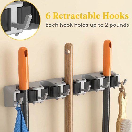 Norcho Wall Mount Mop Broom Holder, Anti-Slip Hanger 5 Slots 6 Hooks Holds 30lbs, Garage Closet Kitchen, Gray 2 Pack