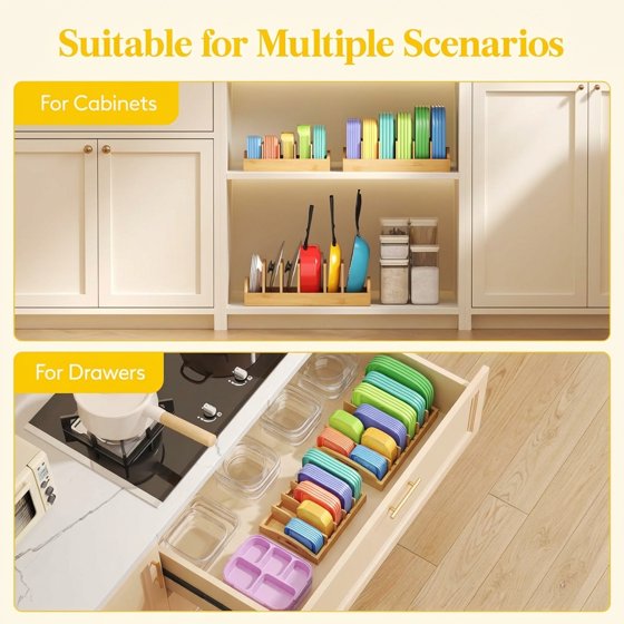 Norcho Bamboo Lid Organizer for Cabinet, Adjustable Food Storage Container Lid Holder with 4 Inserts and 5 Compartments, 10.6" x 8.3" for Kitchen Pantry Organization