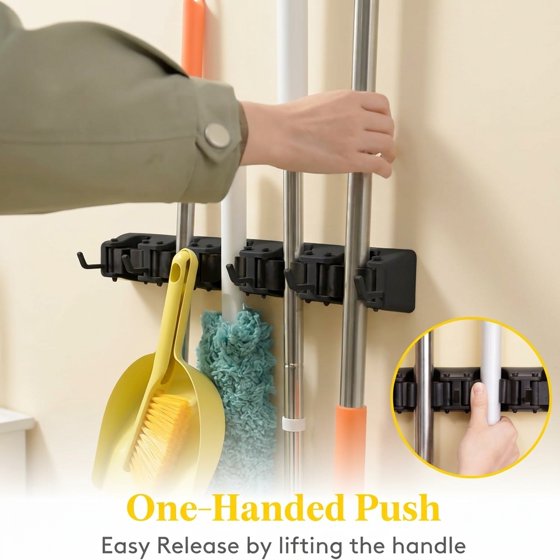 Norcho Wall Mount Mop Broom Holder, Anti-Slip Hanger 5 Slots 6 Hooks Holds 30lbs, Garage Closet Kitchen, Black 2 Pack
