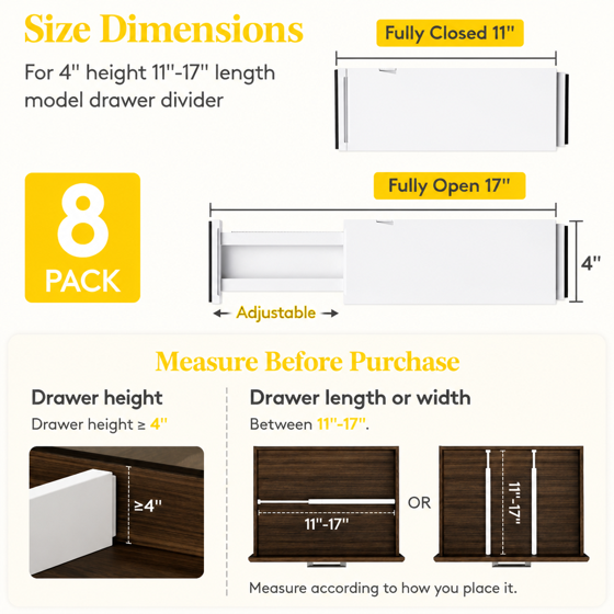 Norcho 8 Pack 4" High Drawer Dividers, 11–17 inch Adjustable Drawer Organizer, Expandable Drawer Separator for Clothes, Utensils, Dresser, Kitchen, Bedroom & Office Storage Organization