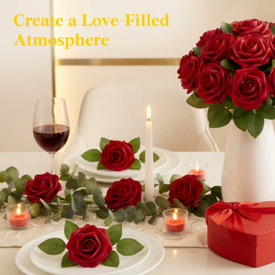 Norcho 50 Pcs Dark Red Foam Roses Artificial Flowers Stems, Real Looking Fake for DIY Wedding Bouquets Centerpieces Valentine