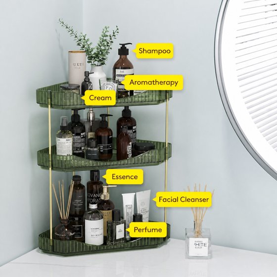 Norcho 3-Tier Corner Bathroom Counter Organizer, Plastic Makeup & Skincare Storage Shelf, Large Countertop Cosmetic & Perfume Organizer for Bathroom, Bedroom, Kitchen & Vanity, Green