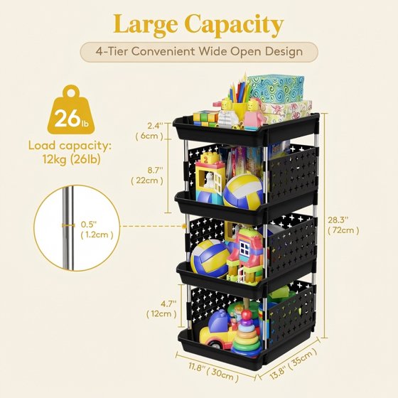 Norcho 4-Tier Plastic Stackable Storage Baskets, Stacking Bins for Food, Clothes, and Household Organization, Black