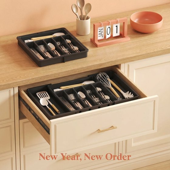 Norcho Silverware Drawer Organizer, Expandable Utensil Tray for Kitchen, Cutlery and Flatware Holder, Adjustable Storage for Spoons, Forks and Knives, 13–22 x 15", Black