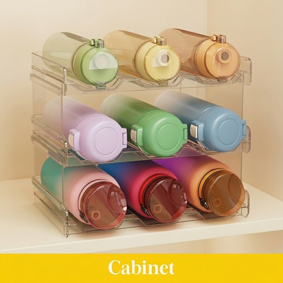 Norcho 3 Tier Stackable Water Bottle Organizer, Cabinet Plastic Holder Fits 9 Bottles 3.8" Dia, Pantry Countertop Cupboard