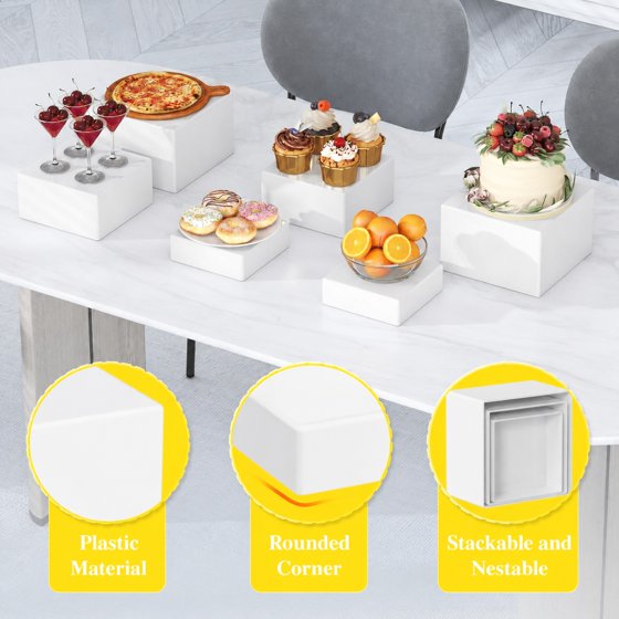 Norcho Plastic Buffet Risers Set of 6, White Food Display Stands for Buffet Table, 6" 7" 7.8" Nesting Cube Dessert Cake Holders for Party, Jewelry and Collectibles Display