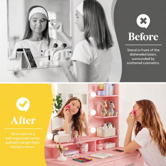 Norcho Vanity Desk Set with Mirror and Lights, Makeup Dressing Table with 2 Drawers & Chair, 3 Lighting Modes Adjustable Brightness, Wooden Top & Iron Frame for Bedroom, Pink