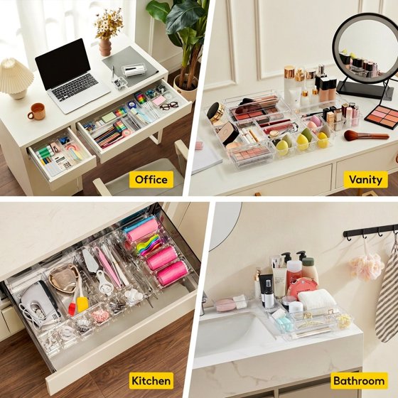 Norcho 25 PCS Clear Plastic Drawer Organizer Set, Desk Dividers Trays, Storage Bins for Makeup Jewelry Gadgets, Bedroom Bathroom Office