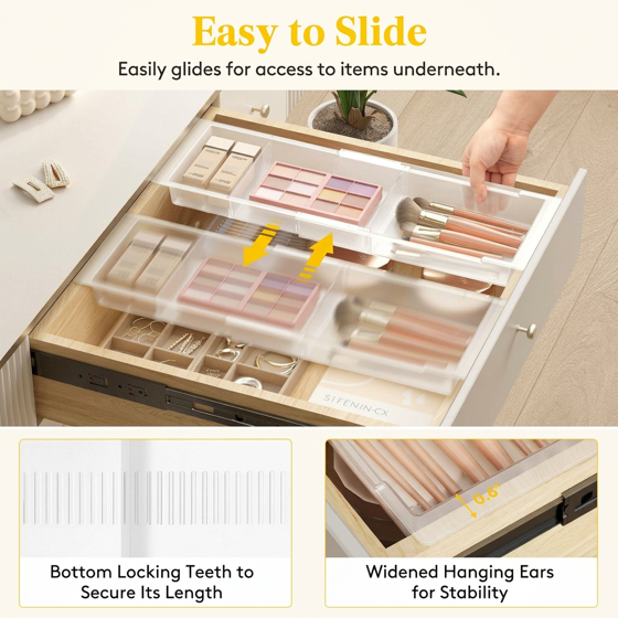 Norcho Sliding Makeup Drawer Organizer, Fits 13-20" Deep, Extendable Hanging Divider 1.8" High Tray Vanity Office Kitchen Translucent 2Pcs