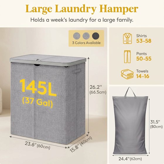 Norcho 85L Large Laundry Hamper with Lid, Foldable Tall Clothes Basket with Handles and Removable Bag for Bedroom, Bathroom, Dorm, Light Gray