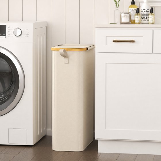 Norcho 65L Slim Laundry Hamper with Lid, Narrow Collapsible Laundry Basket with Removable Bag and Bamboo Handles, White