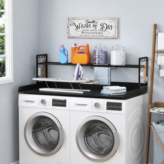 Norcho Washer Dryer Countertop with Adjustable Shelf, Melamine Laundry Room Organizer Top with Edge Rails and Towel Rack for Storage and Organization, Black