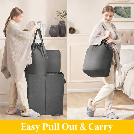 Norcho Double Laundry Hamper with Lid and Removable Bags, Large Collapsible 2-Divider Laundry Basket with Handles, 136L, Black