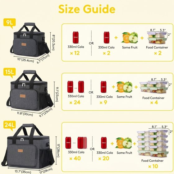 Norcho Large Insulated Lunch Bag Soft Cooler Tote for Adults, Dark Gray 24-Can 16L