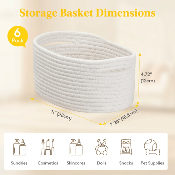 Norcho Woven Baskets, Cotton Rope Cube Storage Bins, Small Shelf Baskets, Round Caddy for Closet/Living/Bedroom/Playroom, White, 6 Pack