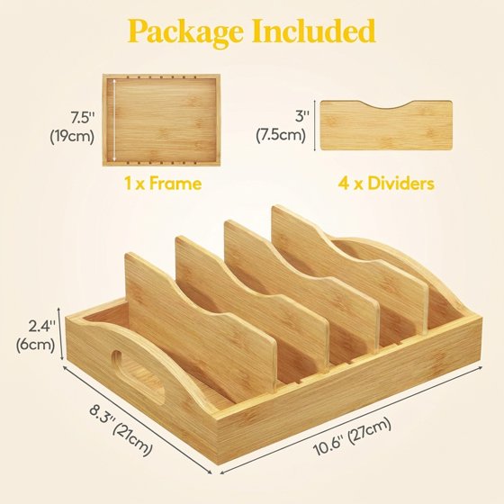 Norcho Bamboo Lid Organizer for Cabinet, Adjustable Food Storage Container Lid Holder with 4 Inserts and 5 Compartments, 10.6" x 8.3" for Kitchen Pantry Organization