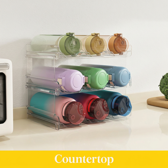 Norcho 3 Tier Stackable Water Bottle Organizer, Cabinet Plastic Holder Fits 9 Bottles 3.8" Dia, Pantry Countertop Cupboard