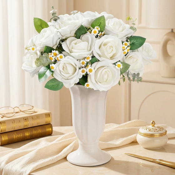 Norcho 10 Pcs White Artificial Roses Bulk, Fake Long Stem Silk Flowers for DIY Wedding Bouquets Centerpieces Valentine Decor