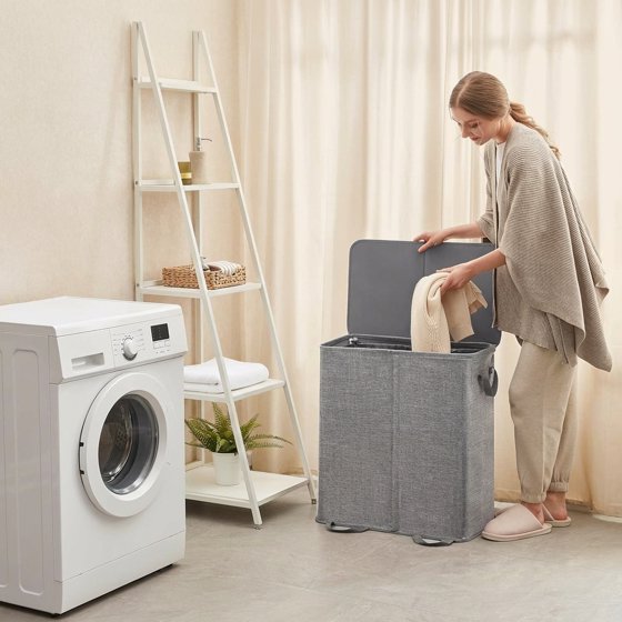 Norcho Double Laundry Hamper with Lid and Removable Bags, Large Collapsible 2-Divider Laundry Basket with Handles, 136L, Gray