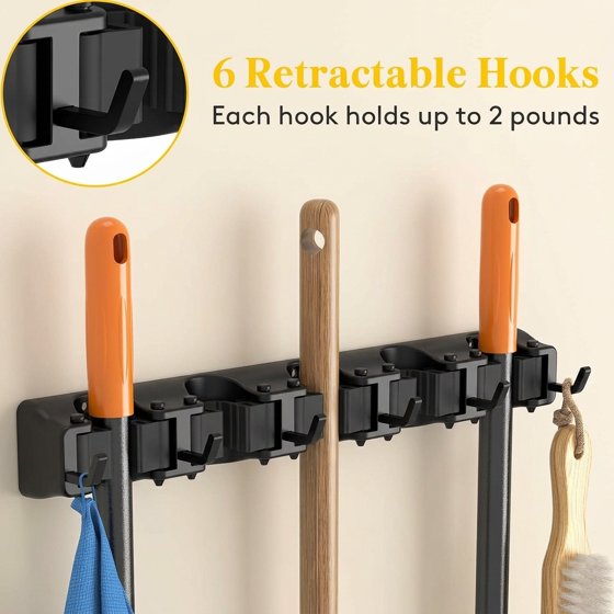 Norcho Wall Mount Mop Broom Holder, Anti-Slip Hanger 5 Slots 6 Hooks Holds 30lbs, Garage Closet Kitchen, Black 2 Pack