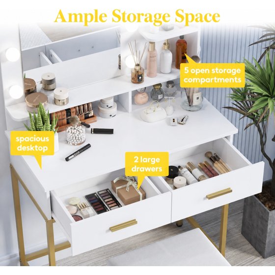 Norcho Vanity with Mirror and Lights, Adjustable Color & Brightness, White Makeup Desk with 2 Drawers and Stool for Bedroom, Bathroom & Makeup Room