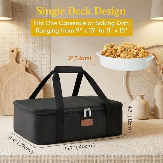 Norcho Insulated Single Decker Casserole Carrier, Lasagna Tote Bag for Hot or Cold Food, Fits 9" x 13" Baking Dish, Black