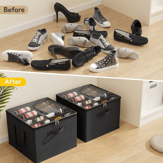 Norcho Closet Shoe Storage, 3 Large Fabric Boxes with Clear Covers, Foldable, Fits 36-48 Pairs (12-16 Each) Boots/Heels/Sneakers, Black