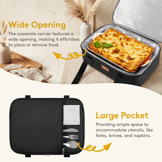 Norcho Insulated Single Decker Casserole Carrier, Lasagna Tote Bag for Hot or Cold Food, Fits 9" x 13" Baking Dish, Black