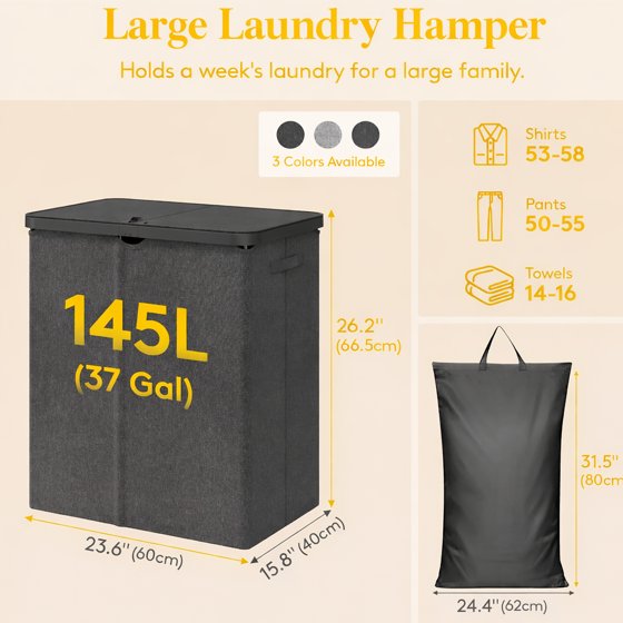 Norcho 85L Large Laundry Hamper with Lid, Foldable Tall Clothes Basket with Handles and Removable Bag for Bedroom, Bathroom, Dorm, Dark Gray