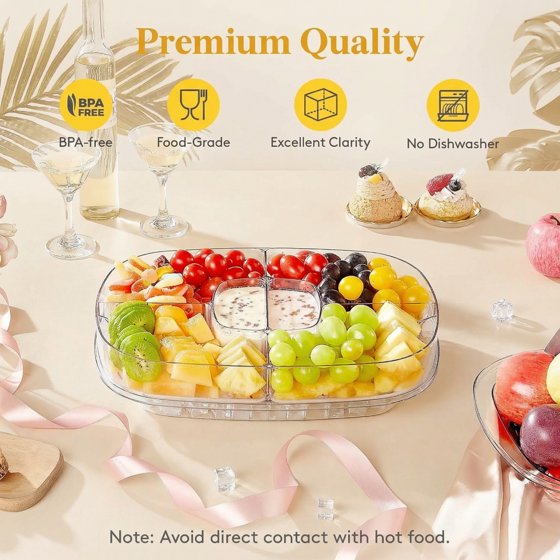 Norcho Chilled Serving Tray for Parties, 15-Inch Divided Shrimp Cocktail Serving Dish with Lid, Plastic Taco and Ice Serving Platter for Veggies, Fruit, Salad, and Buffet Use