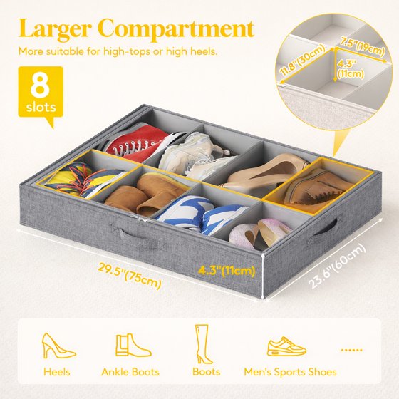 Norcho Under Bed Shoe Organizer Holds 8 Pairs, 4.3" Tall Sturdy Foldable Sneaker Storage Boxes for Boots Heels, 2 Pack