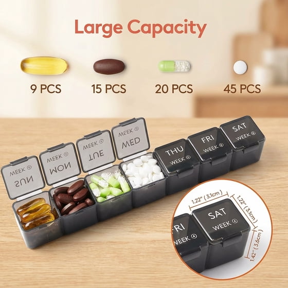 Norcho Monthly Pill Organizer, 28 Day Pill Box with Large Compartments, 4-Week Medicine Organizer for Vitamins & Supplements, 28 Grids, Black, 2 Pack