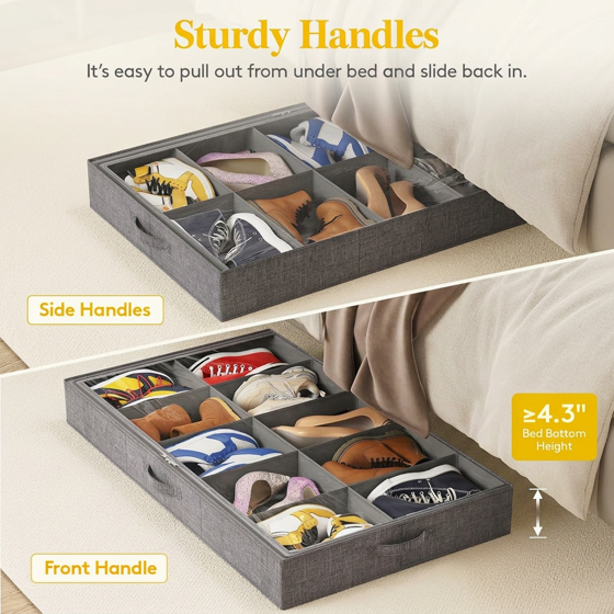 Norcho Under Bed Shoe Organizer Holds 10 Pairs, 4.3" Tall Sturdy Foldable Sneaker Storage Boxes for Boots Heels, 2 Pack