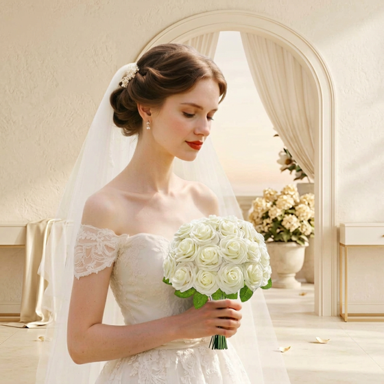 Norcho 25 Pcs Ivory Foam Roses Artificial Flowers Stems, Real Looking Fake for DIY Wedding Bouquets Centerpieces Valentine Decor