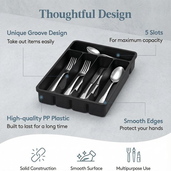 Norcho Silverware Drawer Organizer Tray, Plastic Cutlery and Utensil Holder Divider for Spoons, Forks, Knives and Tableware, 5 Slots, 9.1 x 12.6 Inch, Black