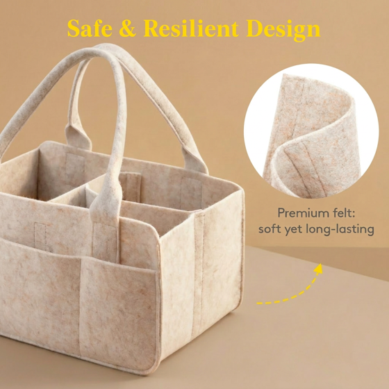 Norcho Felt Diaper Caddy with Handle, Portable Baby Storage Basket Detachable Divider Oatmeal 13x9.1x7.1"