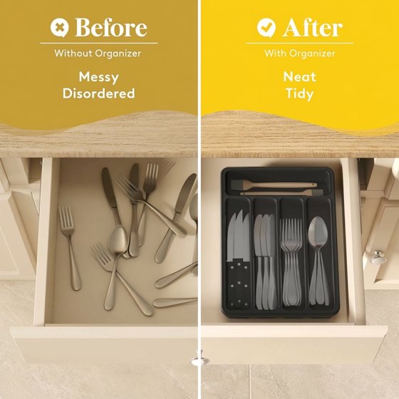 Norcho Silverware Organizer with Lid, Covered Utensil Tray for Kitchen Drawer and Countertop, Plastic Cutlery and Flatware Holder, Black