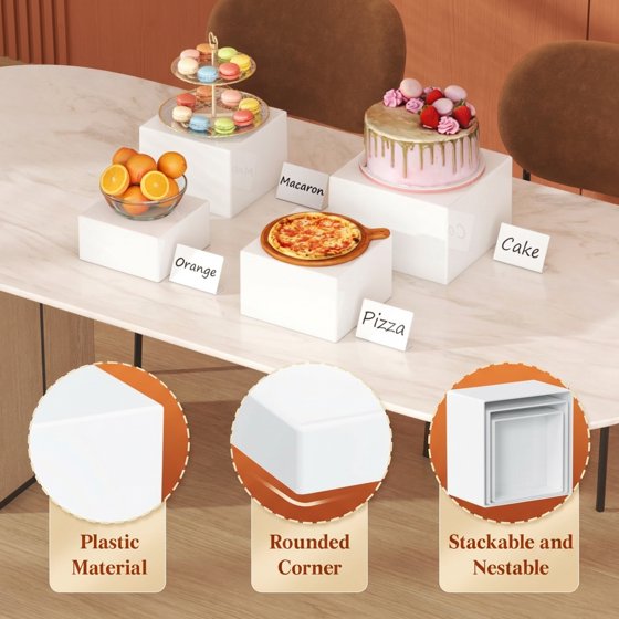 Norcho Plastic Buffet Risers Set of 4, White Food Display Stands for Buffet Table, 7" 7.8" 8.3" 10" Nesting Cube Dessert Cake Holders for Party, Jewelry and Collectibles Display