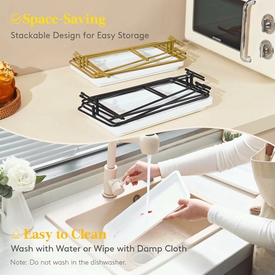 Norcho 3 Tier Serving Tray, White Plastic Tiered Food Serving Platters with Collapsible Gold Metal Stand, 14" x 6.5"