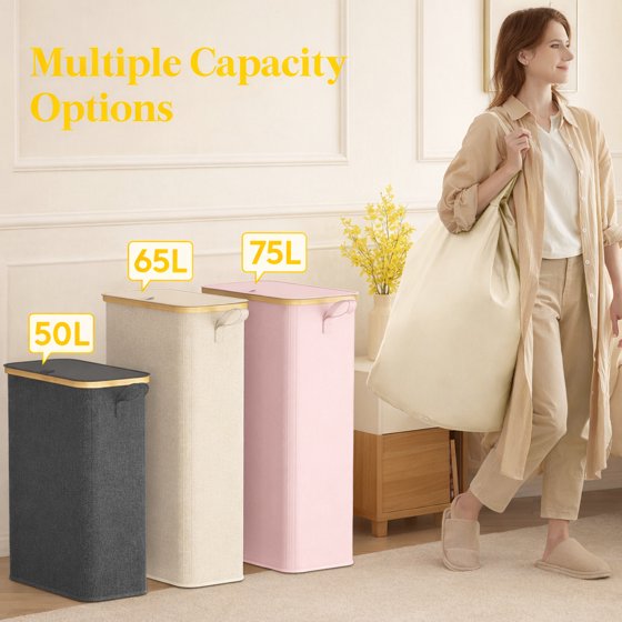Norcho 65L Slim Laundry Hamper with Lid, Narrow Collapsible Laundry Basket with Removable Bag and Bamboo Handles, Light Gray