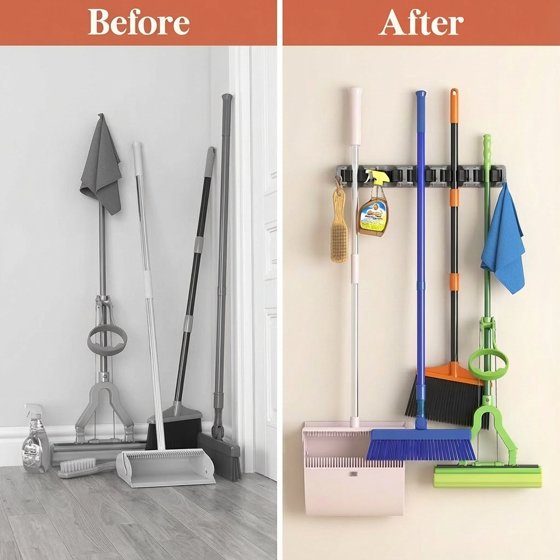Norcho Wall Mount Mop Broom Holder, Anti-Slip Hanger 5 Slots 6 Hooks Holds 30lbs, Garage Closet Kitchen, Gray 1 Pack