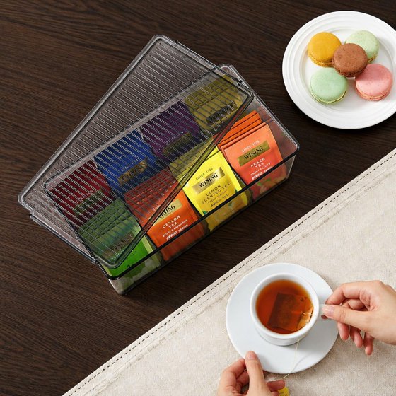 Norcho 2-Pack Tea Bag Organizer with Lid, Plastic Tea Bag Storage Box with 16 Compartments, Stackable Tea Packet Holder for Cabinet, Pantry, Countertop, Sugar Packets & Sweetener Sachets, Black