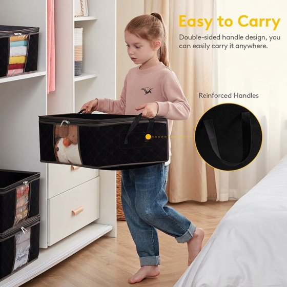 Norcho 3 Pack Clothes Storage Bag Foldable Bin with Reinforced Handle, Clear Window, Sturdy Fabric for Clothing Bedding, Black