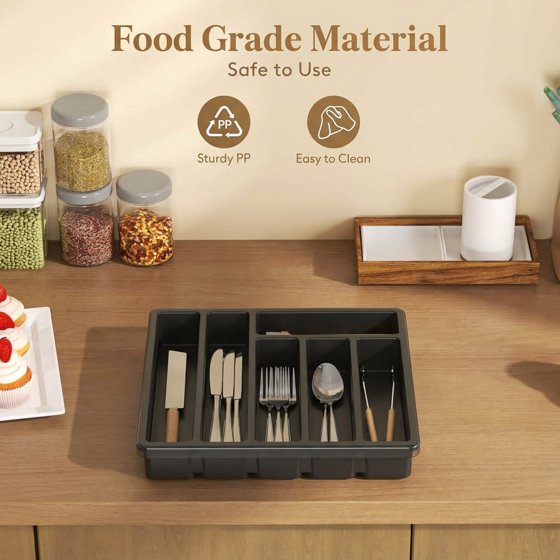 Norcho Silverware Organizer with Lid, Covered Utensil Tray for Kitchen Drawer and Countertop, 12.6 x 11.8", Plastic Cutlery and Flatware Holder, Black