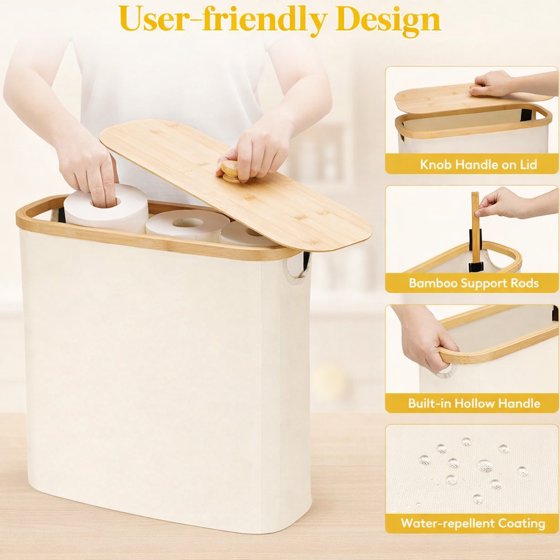 Norcho Toilet Paper Storage Holder for 12–16 Rolls, Freestanding Toilet Paper Basket with Bamboo Lid, Collapsible Fabric Bathroom Organizer for Mega Rolls, 30L, White