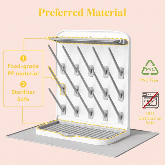 Norcho Large Baby Bottle Drying Rack with Drain Mat & 15 Hooks, Newborn Essentials Countertop Organizer, Rack Dryer for Bottles, Pacifiers & Pump Parts